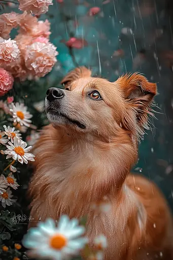 Midjourney generated image using SREF code Pixie Pixels: A brown dog sitting in the rain surrounded by flowers.