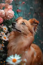 Midjourney generated image using SREF code Pixie Pixels: A brown dog sitting in the rain surrounded by flowers.