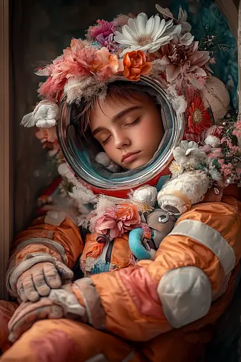 Midjourney generated image using SREF code Pixie Pixels: A little girl in an orange space suit with flowers on her head.