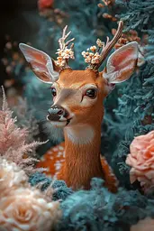 Midjourney generated image using SREF code Pixie Pixels: A deer with antlers and flowers on its head in a forest.