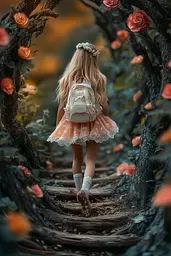 Midjourney generated image using SREF code Pixie Pixels: A little girl with a backpack walking through a forest of roses.