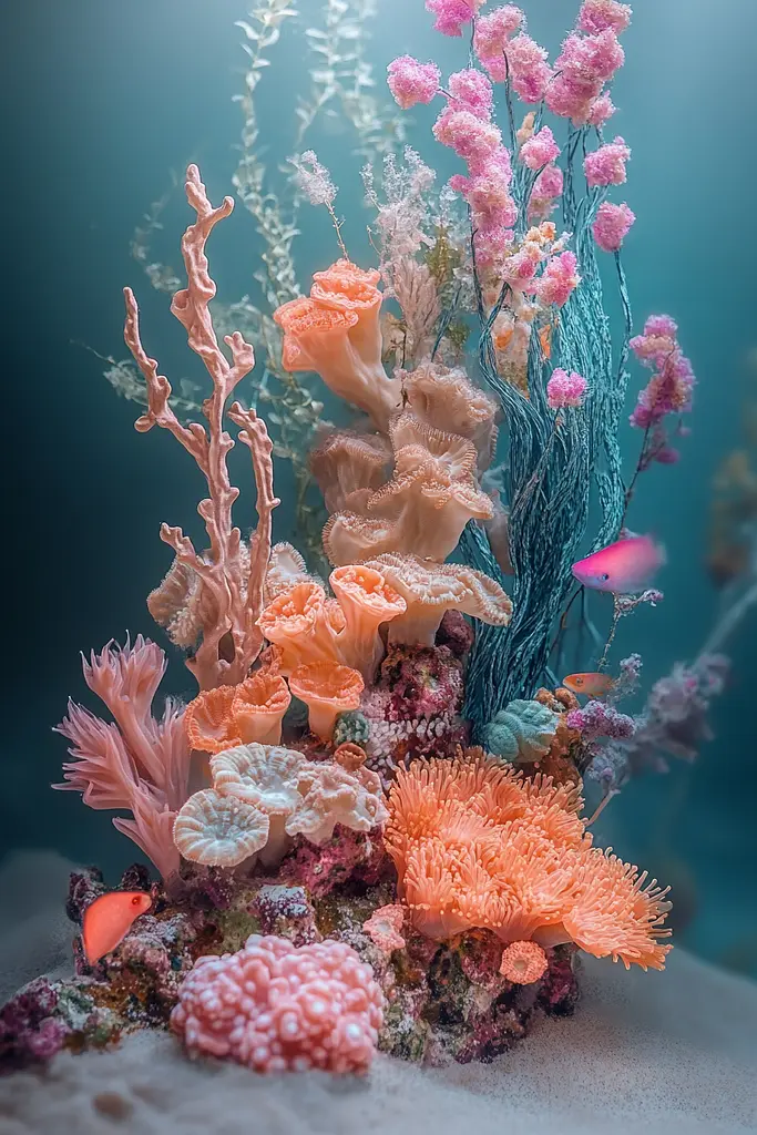 Midjourney generated image using SREF code Pixie Pixels: A group of colorful corals and fish in an aquarium.