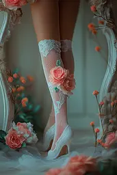 Midjourney generated image using SREF code Pixie Pixels: A woman wearing white stockings with pink flowers on them.