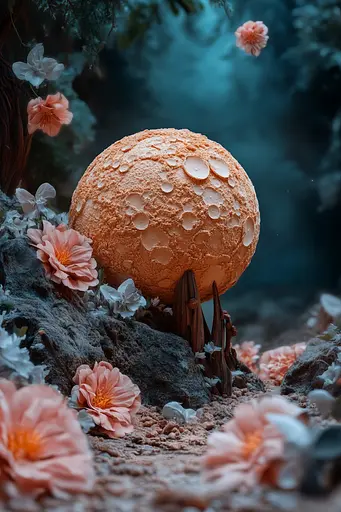 Midjourney generated image using SREF code Pixie Pixels: A large orange mushroom sitting on top of a rock surrounded by flowers.