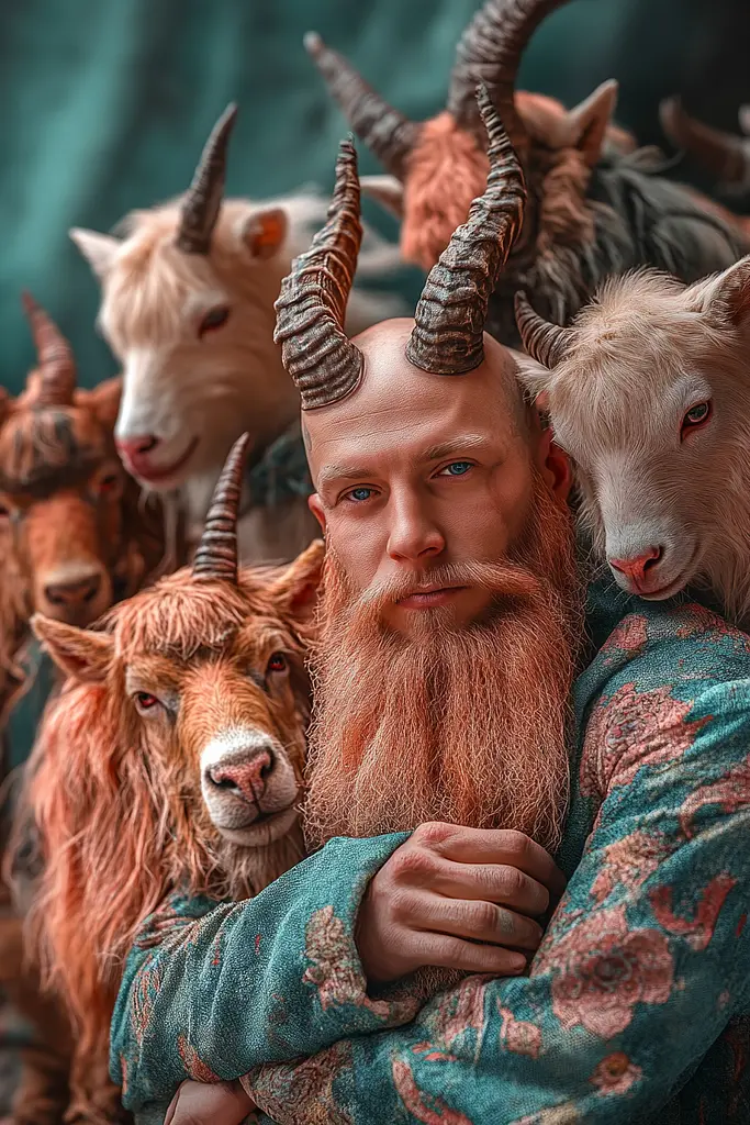 Midjourney generated image using SREF code Pixie Pixels: A man with a long beard and horns standing in front of a group of goats.