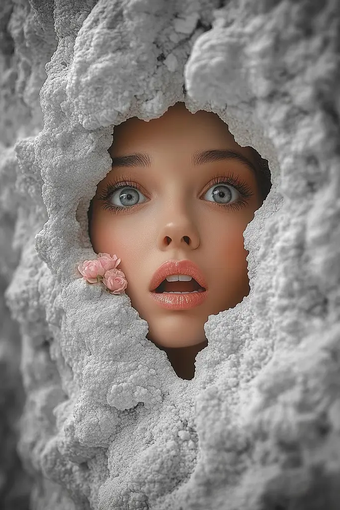 Midjourney generated image using SREF code Pixie Pixels: A woman with blue eyes peeking out of a hole in a wall.