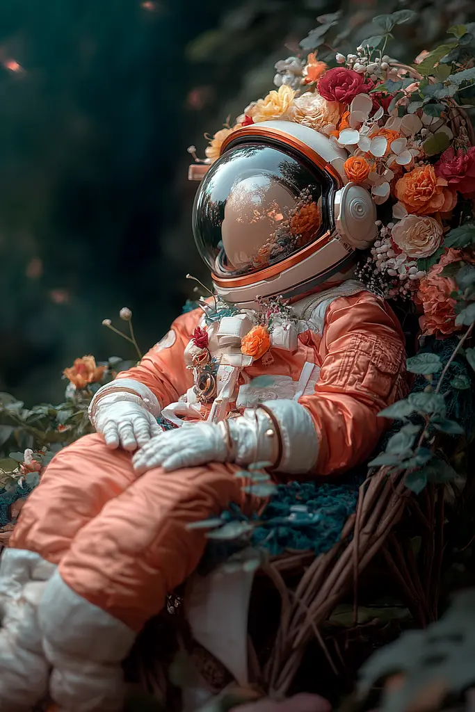 Midjourney generated image using SREF code Pixie Pixels: A man in an orange space suit sitting in a wicker chair surrounded by flowers.