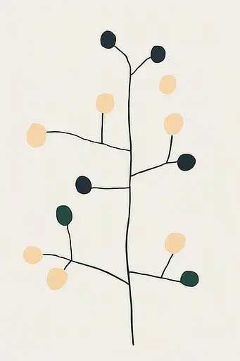 Midjourney generated image using SREF code Playful Silhouette: A drawing of a tree with black and gold dots on it.