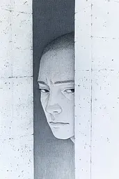 Midjourney generated image using SREF code Monochrome Musings: A drawing of a man peeking out from behind a wall.