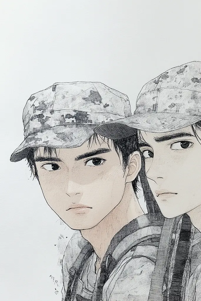 Midjourney generated image using SREF code Monochrome Musings: A drawing of two young men wearing baseball caps.