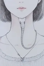 Midjourney generated image using SREF code Monochrome Musings: A drawing of a woman with a snake on her neck.