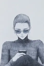 Midjourney generated image using SREF code Monochrome Musings: A drawing of a woman wearing sunglasses looking at her phone.