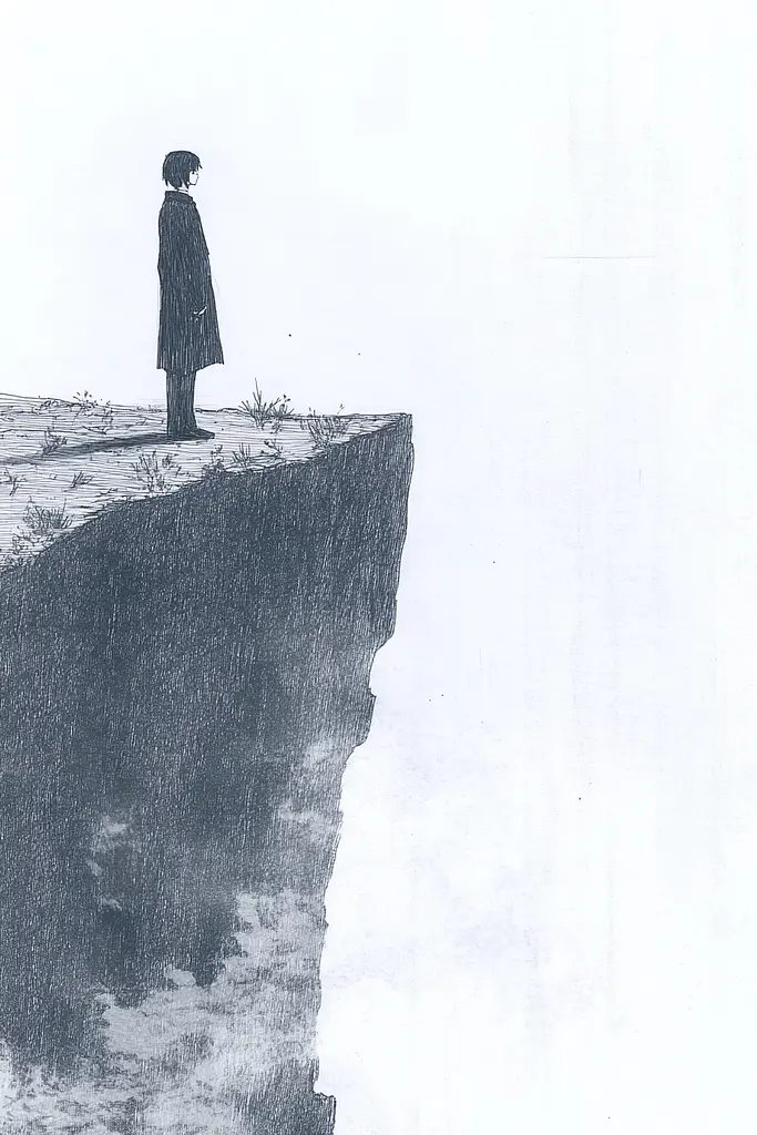 Midjourney generated image using SREF code Monochrome Musings: A person standing on top of a cliff.