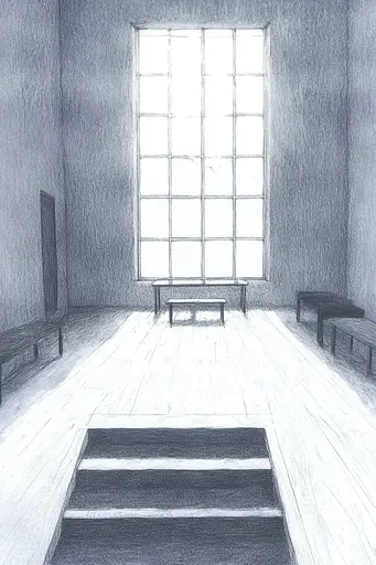 Midjourney generated image using SREF code Monochrome Musings: A drawing of an empty room with a large window.