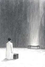 Midjourney generated image using SREF code Monochrome Musings: A person sitting on a bench in front of a waterfall.