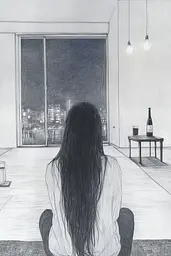 Midjourney generated image using SREF code Monochrome Musings: A drawing of a woman sitting on the floor looking out a window.