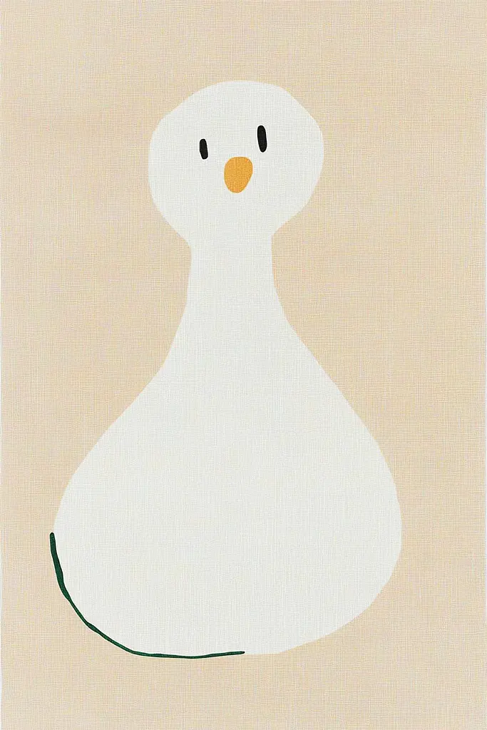 Midjourney generated image using SREF code Playful Silhouette: A painting of a white duck on a beige background.