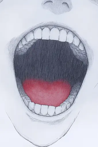 Midjourney generated image using SREF code Monochrome Musings: A drawing of a child's mouth with a red tongue.