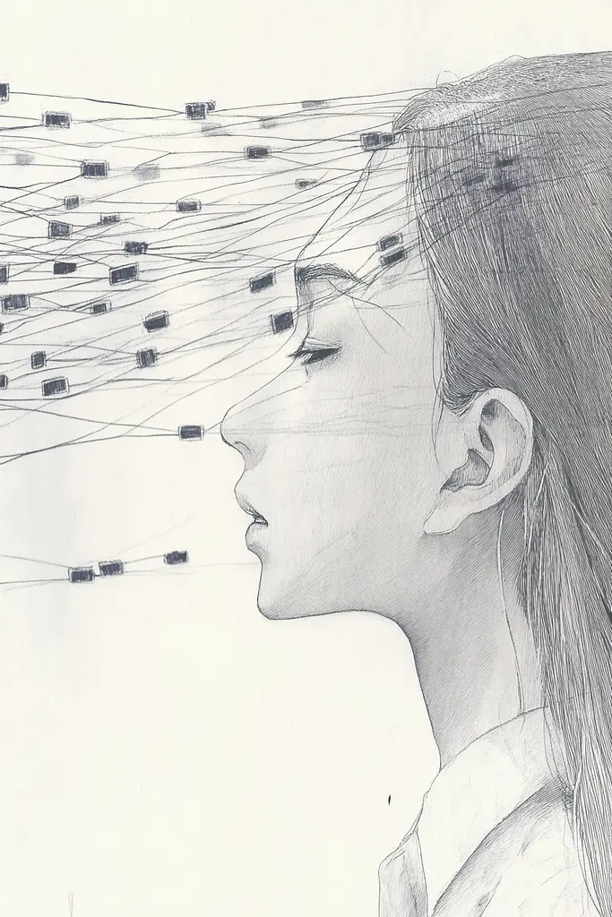 Midjourney generated image using SREF code Monochrome Musings: A drawing of a woman's face with a lot of wires coming out of her head.