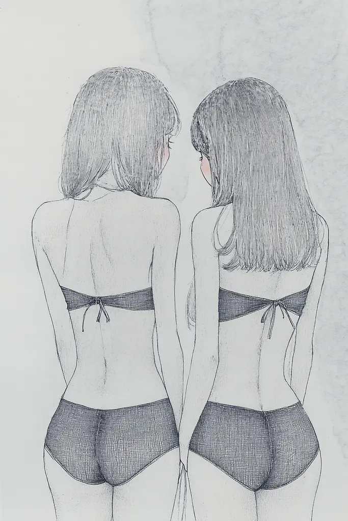 Midjourney generated image using SREF code Monochrome Musings: A drawing of two women in underwear looking at each other.