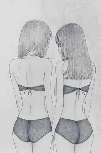 Midjourney generated image using SREF code Monochrome Musings: A drawing of two women in underwear looking at each other.