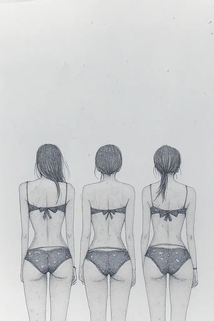 Midjourney generated image using SREF code Monochrome Musings: A drawing of three women in bikinis standing side by side.