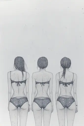 Midjourney generated image using SREF code Monochrome Musings: A drawing of three women in bikinis standing side by side.