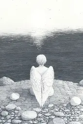 Midjourney generated image using SREF code Monochrome Musings: A drawing of an angel sitting on a rock by the water.