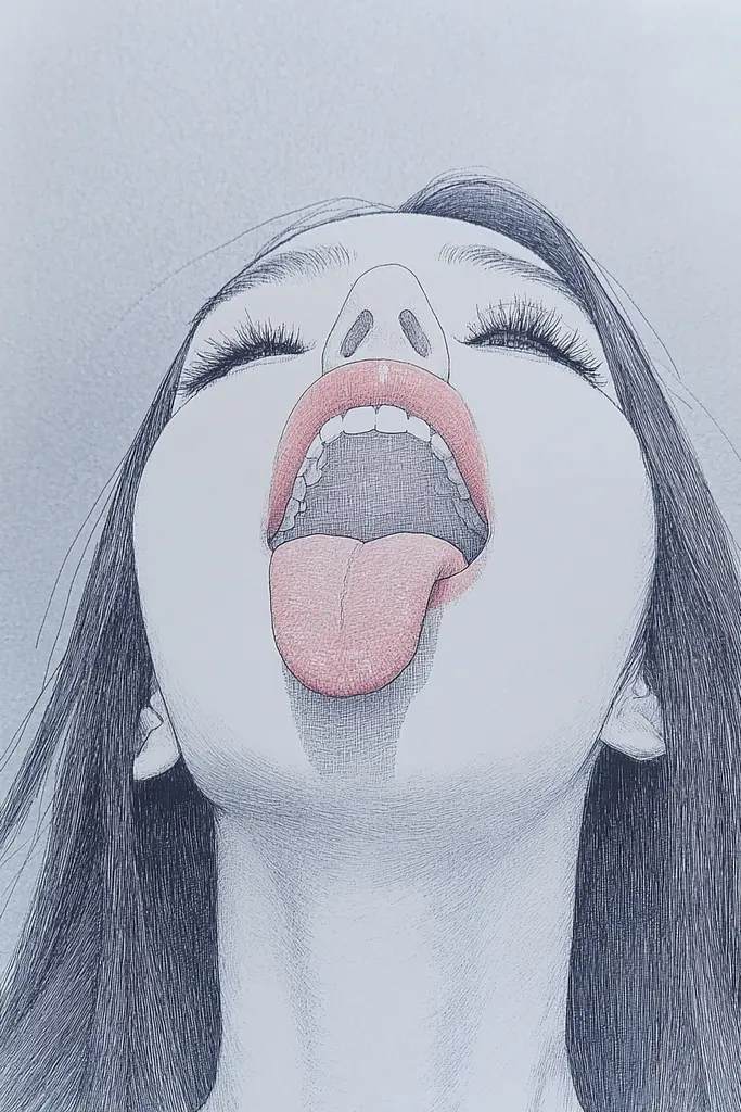 Midjourney generated image using SREF code Monochrome Musings: A drawing of a woman sticking out her tongue.