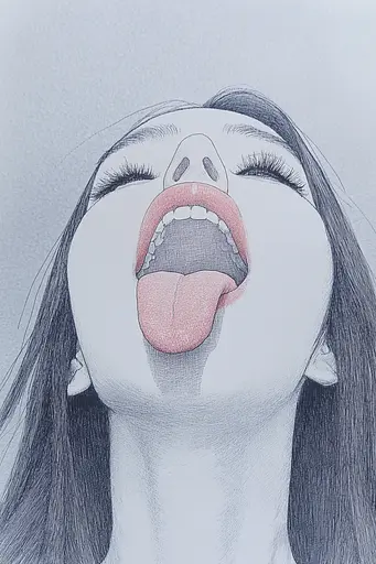 Midjourney generated image using SREF code Monochrome Musings: A drawing of a woman sticking out her tongue.