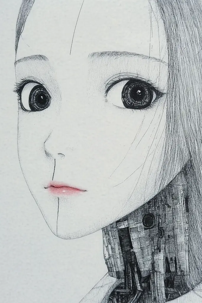 Midjourney generated image using SREF code Monochrome Musings: A drawing of a girl with long hair and big eyes.