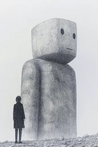 Midjourney generated image using SREF code Monochrome Musings: A drawing of a person standing in front of a giant robot.