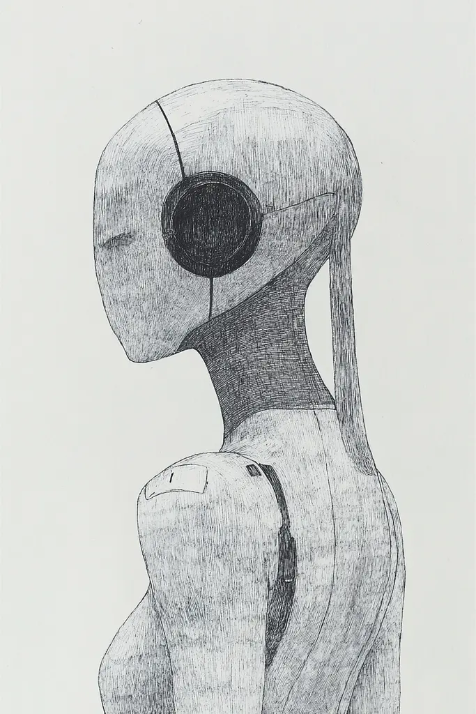 Midjourney generated image using SREF code Monochrome Musings: A drawing of a woman with headphones on her head.