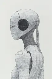 Midjourney generated image using SREF code Monochrome Musings: A drawing of a woman with headphones on her head.