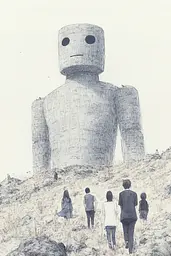 Midjourney generated image using SREF code Monochrome Musings: A drawing of a group of people walking in front of a giant robot.