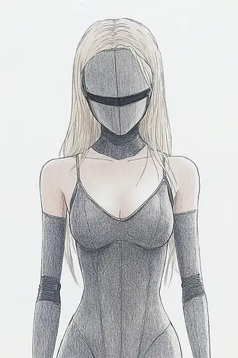 Midjourney generated image using SREF code Monochrome Musings: A drawing of a woman in a bodysuit with a mask on.