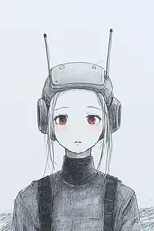 Midjourney generated image using SREF code Monochrome Musings: A drawing of a girl wearing a helmet and headphones.