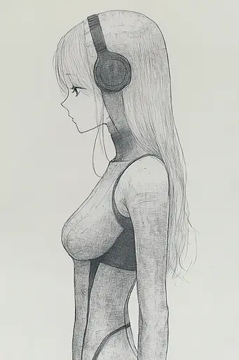 Midjourney generated image using SREF code Monochrome Musings: A drawing of a woman with headphones on.