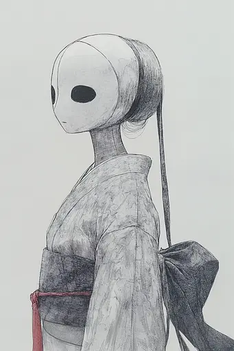 Midjourney generated image using SREF code Monochrome Musings: A drawing of a woman in a kimono with a backpack.