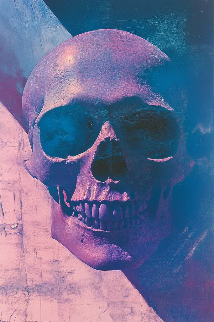 Midjourney generated image using SREF code Electric Dreams: A painting of a human skull on a wall.