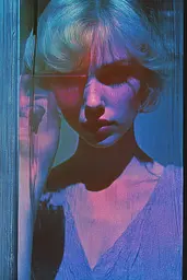 Midjourney generated image using SREF code Electric Dreams: A woman with blonde hair is looking out of a window.