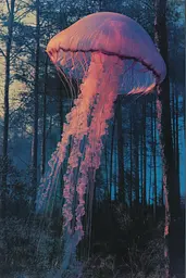 Midjourney generated image using SREF code Electric Dreams: A pink jellyfish floating in the middle of a forest.