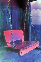 Midjourney generated image using SREF code Electric Dreams: A wooden swing on a porch with a view of the ocean.