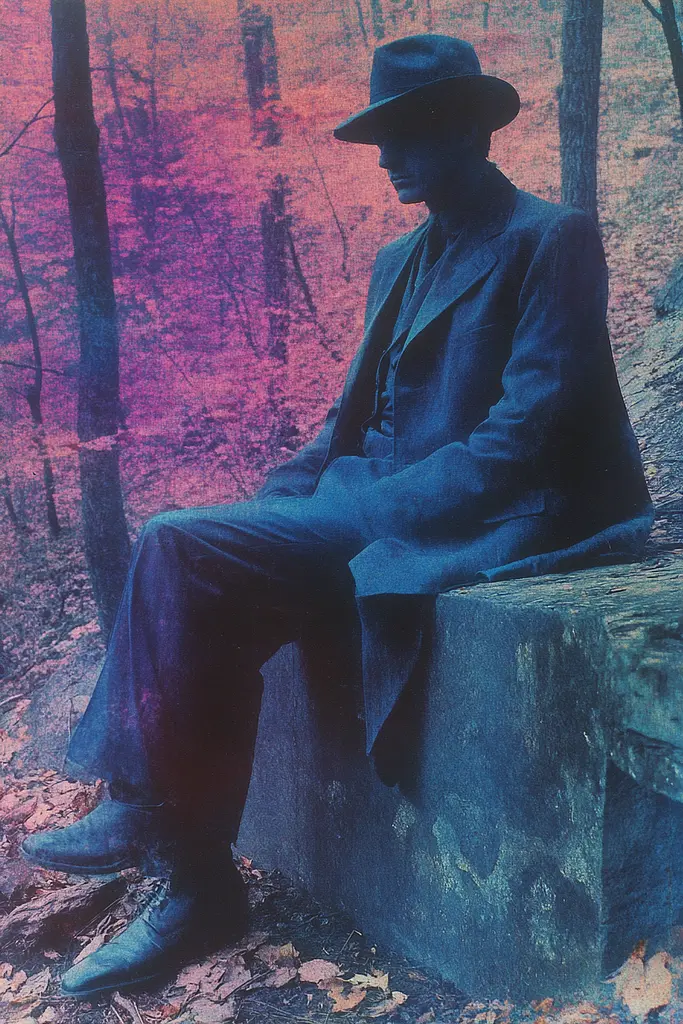 Midjourney generated image using SREF code Electric Dreams: A man in a suit and hat sitting on a rock in the woods.