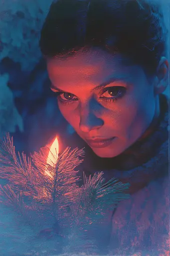 Midjourney generated image using SREF code Electric Dreams: A woman holding a lit candle in front of her face.