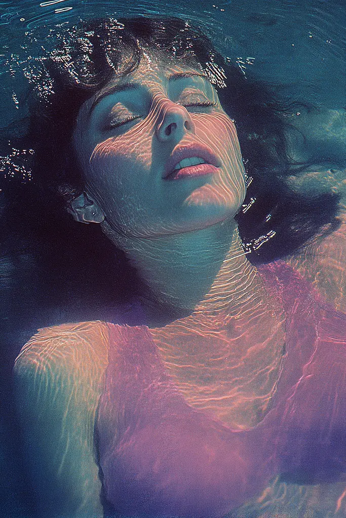 Midjourney generated image using SREF code Electric Dreams: A woman floating in the water with her eyes closed.