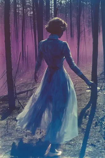 Midjourney generated image using SREF code Electric Dreams: A woman in a blue dress walking through a forest.