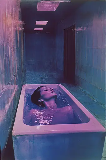 Midjourney generated image using SREF code Electric Dreams: A woman laying in a bathtub in a bathroom.