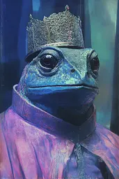 Midjourney generated image using SREF code Electric Dreams: A painting of a frog wearing a crown.