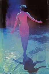 Midjourney generated image using SREF code Electric Dreams: A woman in a pink dress standing in the water.